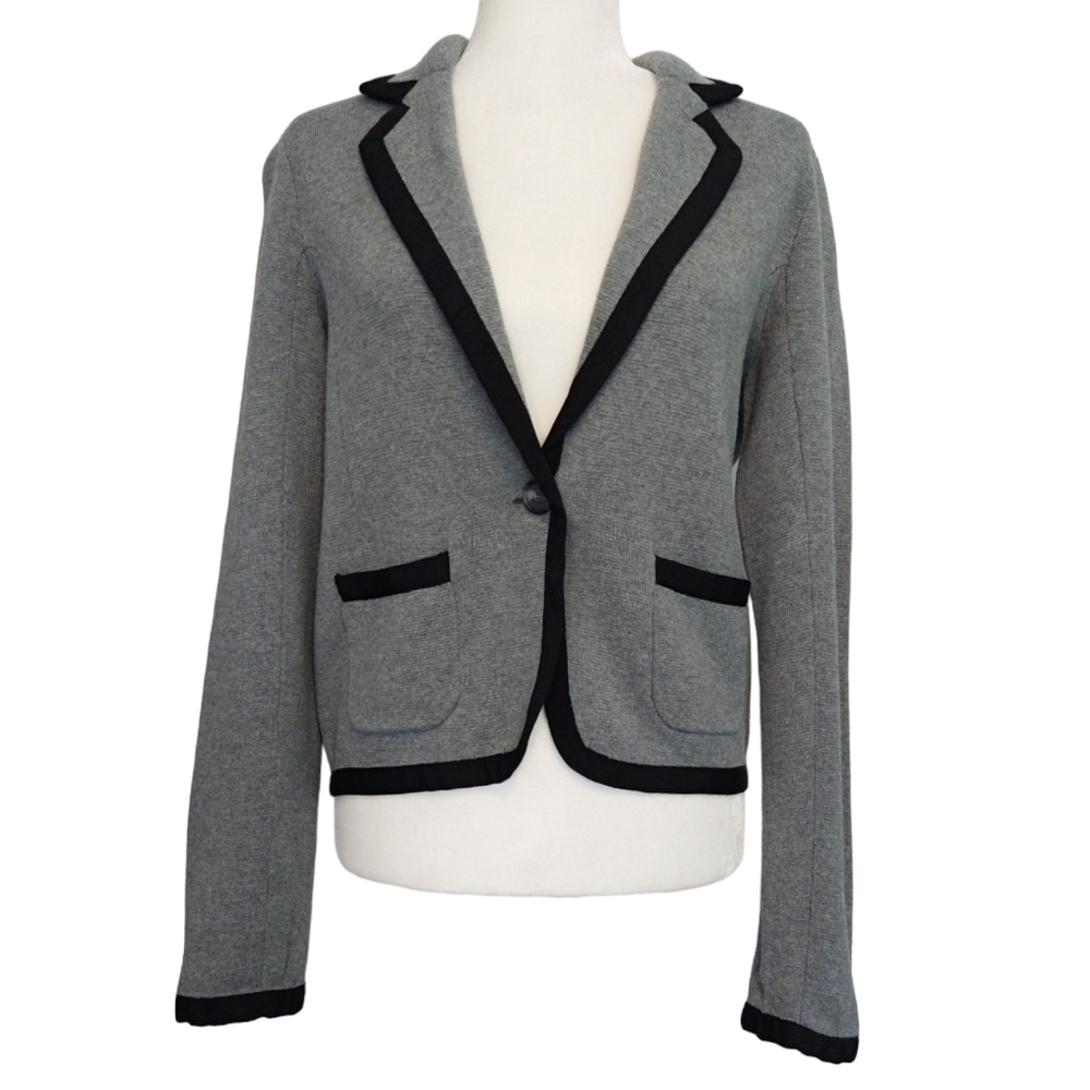 LOFT 100% Cotton Gray One Button Knit Blazer Contrast Trim Career Preppy